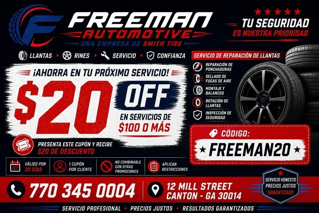 Flyer de Freeman Automotive con promoción de veinte dólares de descuento en servicios de cien dólares o más